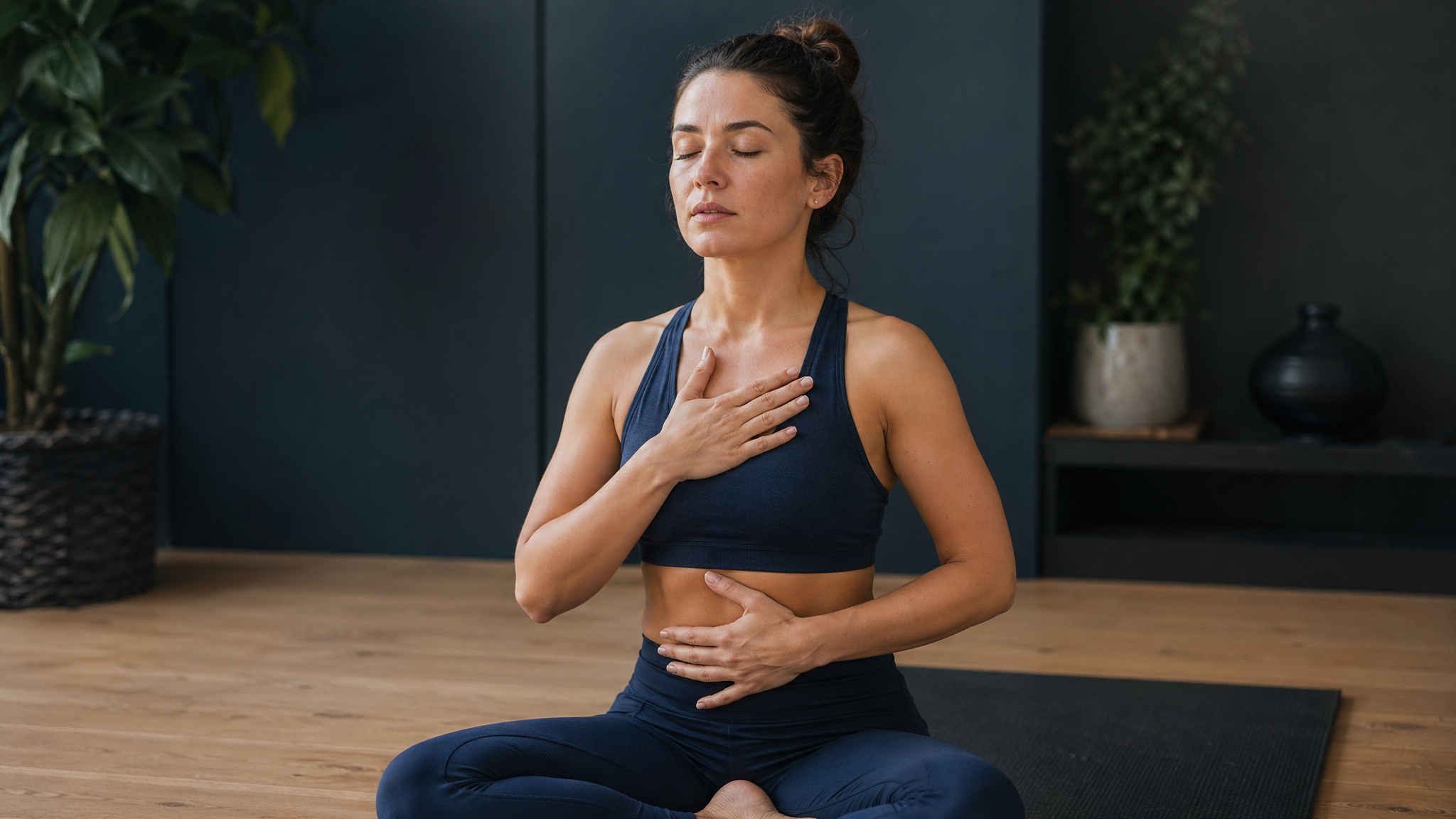 Mujer practicando respiración sentada, meditación desde el cuerpo